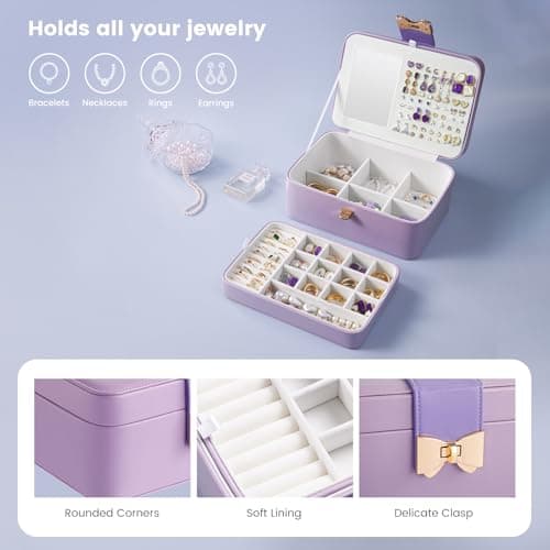 Lolalet 2 Layer Jewelry Box for Teen Girls & Young Women, Jewelry Organizer Case with Bow Clasp and Mirror for Earrings Rings Necklaces Storage, Gift Idea -Purple - Thumbnail 2
