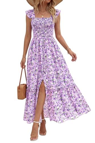 dowerme Womens Summer Maxi Dresses 2026 Casual Ruffle Sleeve Button Smocked Floral Slit Boho Dress Spring Beach Sundress(Floral Purple,XX-Large) - Image 1