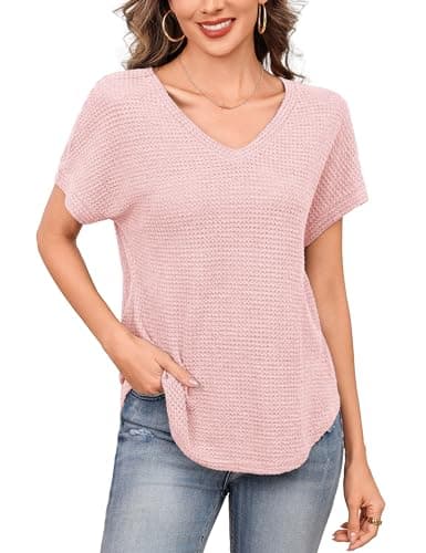 Totatuit Waffle Knit V Neck T Shirts for Women Short Sleeve Casual Summer Tops Loose Fitting Curved Hem Blouses Soft Breathable Basic Tee Pink