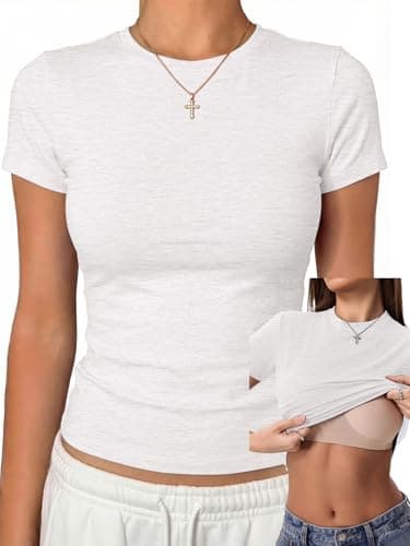 Danysu Basic Tops for Women with Built in Bra Cotton Jersey Short Sleeve T-Shirts Slim Fit Cute Gym Summer Clothes Light Grey Medium - Image 1