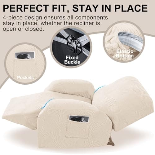 Cushonix Recliner Chair Covers,4-Piece Stretch Geometric Strokes Jacquard Reclining Chair Slipcovers,Furniture Protector with Side Pocket,Soft Breathable Couch Cover Pet-Friendly,1 Seater Beige - Thumbnail 4