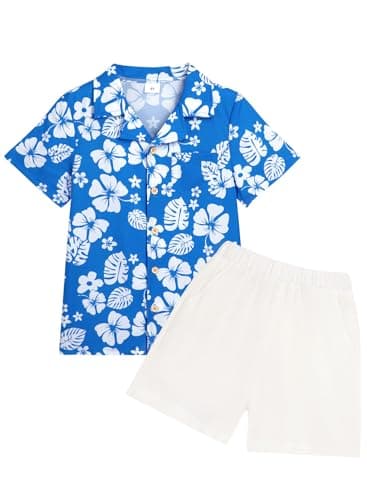 Dolxico Toddler Baby Boy Outfits Summer Clothes Kids Print Pattern Short Sleeve Button Down Shirt & Elastic Waist Casual Beach Shorts Set with Pockets 18-24 Months Blue - Image 1
