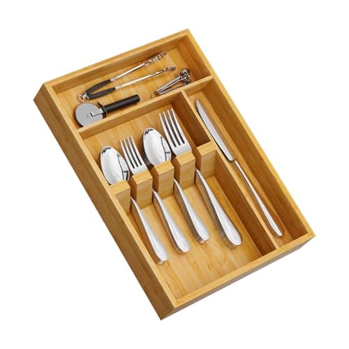 Yofidra Bamboo Silverware Organizer, 13.8 x 9.84 x 1.96 Inches Kitchen Utensil Drawer Organizer, Silverware Tray for Drawer with Fixed Slots for Spoons, Forks & Knives, Natural - Image 1