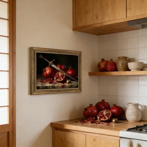 Gold Framed Wall Art, Dark Academia Pomegranate Canvas Prints - Vintage Gothic Kitchen Still Life Pictures, Moody Sword and Fruit Decor Gallery Artwork for Living Room, Bedroom 12x16 inch - Thumbnail 3