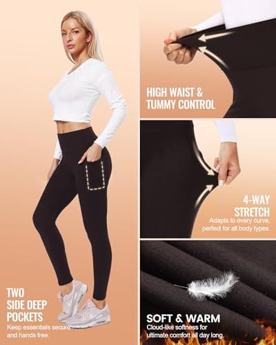 QGGQDD Womens Fleece Lined Leggings with Pocket - Soft Tummy Control High Waisted Winter Thermal Warm Yoga Pants for Workout Hiking Pkt-Coffee Brown Large-X-Large - Thumbnail 3
