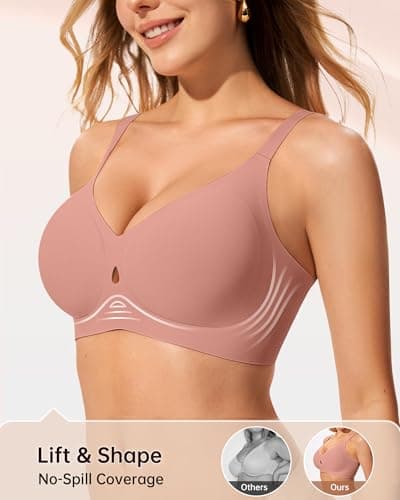 LetsJoli Minimizer Bras for Women Wireless Bra No Underwire Seamless Push Up Full Coverage Supportive Winter Outfits(Pink 2XL) - Thumbnail 3