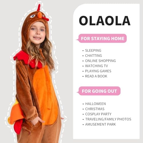 OLAOLA Turkey Kids Onesie, Thanksgiving Unisex Animal Onesies, Plush Cosplay Pajamas for Girls Boys, One Piece Sleepwear Halloween Costume - Thumbnail 6