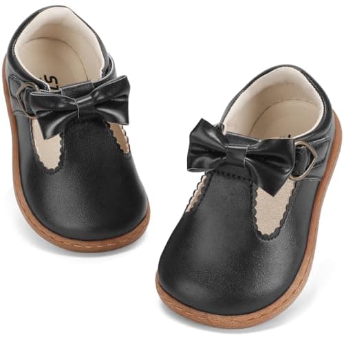 STQ Toddler Girls Dress Shoes Wide Toe Box Mary Jane Flats Ballet Wedding School Uniform Flower Ballerina Baby First Walking 6-12 12-18 Months Babies Casual with Zero Drop Black Toddler Size 7 - Image 1