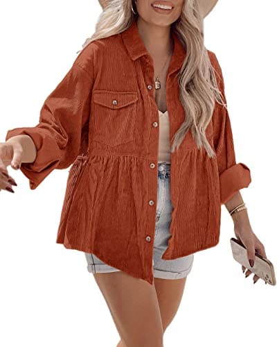 Tutorutor Womens Corduroy Shirts Casual Long Sleeve Button Down Blouses Tunic Babydoll Dress Loose Pocket Jacket Shackets Brown - Image 1