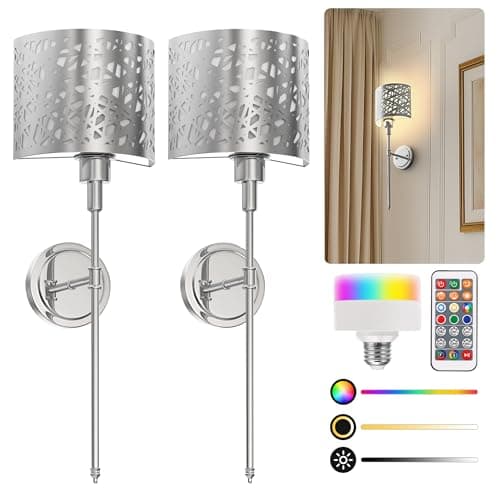 L LOHASL LED Battery Operated Wall Sconces Set of 2, RGB Color Changing Wireless Wall Sconces, Dimmable Timer, Rechargeable Bulb, Vintage Decor for Bedroom Living Room, Chrome