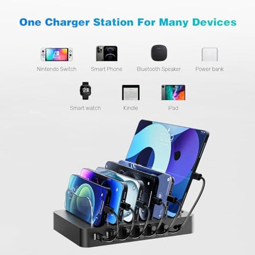 Charging Station for Multiple Devices 68W 6 Port Phone Charger Dock with 6 Cables, 20W Black Fast Charging Station Compatible with Apple Cellphone iPad iPhone Tablet(Black) - Thumbnail 5