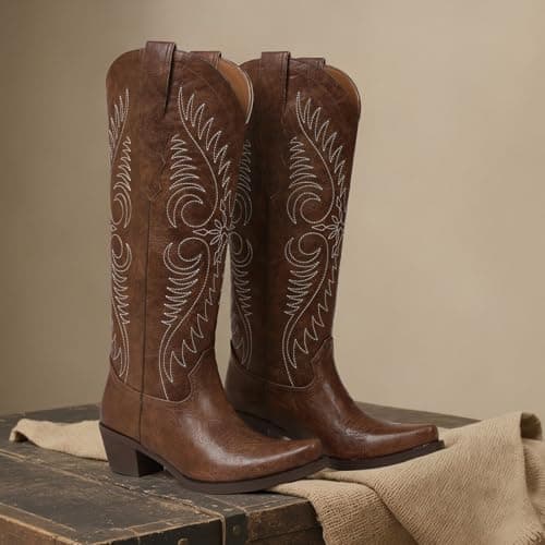 Erocalli Spring Cowgirl Boots Women Brown Knee-high Western Cowboy Boot - Exquisite Embroidery, Snip Toe, Pull On, Wide Calf, Tall Cowgirl Boots, Chunky Heel, Comfortable, All-Day Wear, Outdoor - Thumbnail 6