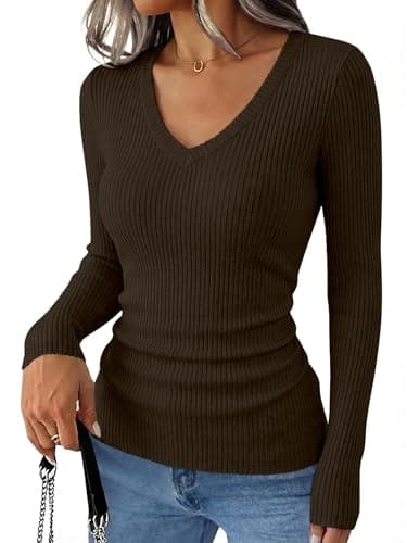 ANRABESS Women's V-Neck Ribbed Kint Fitted Long Sleeve Shirts,Brown,L