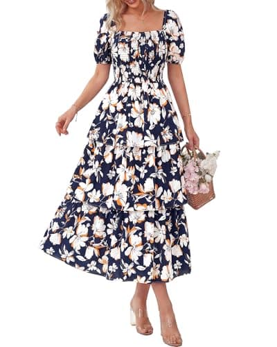 BTFBM Womens Square Neck Smocked Dress Summer Puff Short Sleeve Floral Casual Ruffle Tiered Maxi Wedding Guest Dresses(Floral Navy White, Small) - Image 1