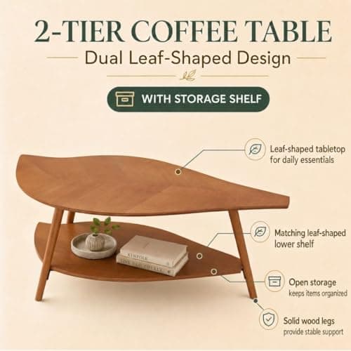 DURISEN Small Coffee Table with Storage,Unique Leaf Handcrafted Marquetry,Mid Century Modern Oval Wooden Coffee Table,Natural Oak Veneer, Solid Wood Legs,for Living Room,Apartment(Walnut) - Thumbnail 5