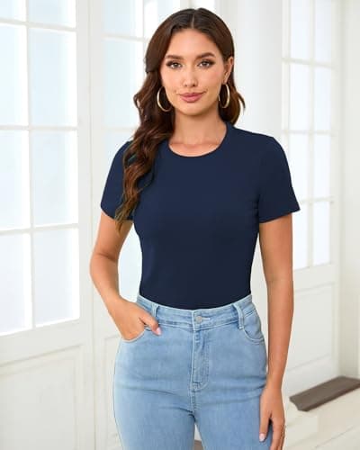 Abardsion Cotton Basic Tees for Women Spring Outfits Tops 2026 Short Sleeve Crewneck Slim Fit T Shirts (Navy Blue, XS) - Thumbnail 2