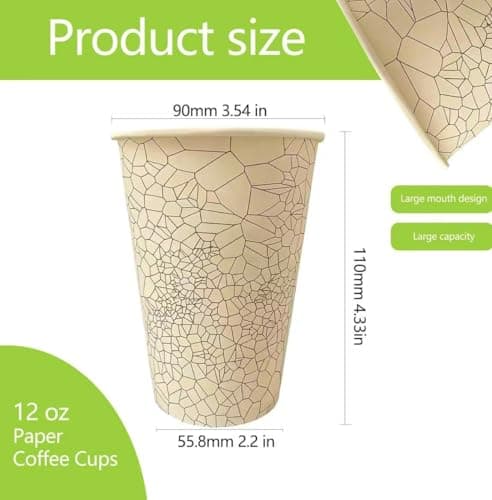 SOPARO 12oz Paper Coffee Cups, 1000-Count Bulk, Commercial Grade for Coffee Shops, Restaurants & Cafes, Leak Resistant, (1000, stock pattern, 12OZ) - Thumbnail 2