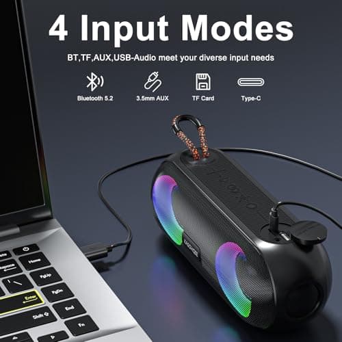 KASOHQEE Portable Bluetooth Speaker with RGB Lights, 20W Loud Sound, IPX6 Waterproof, 20H Playtime, Wireless Speakers for Travel, Sport, Party, Outdoor, Shower - Thumbnail 6