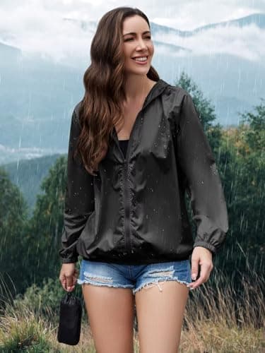 PITINAN Black Rain Jacket Women Waterproof Raincoat Lightweight Rain Jacket Hooded Windbreaker with Pockets for Outdoor Womens Rain Jackets with Hood Black M - Thumbnail 2