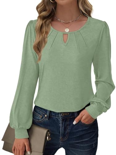GKBK Women Long Sleeve Tops Dressy Business Casual Blouses Basic Loose Fit Crewneck Work Shirts Pleated Keyhole 2025 Fall Winter Clothes Stylish Outfits Green Medium - Image 1