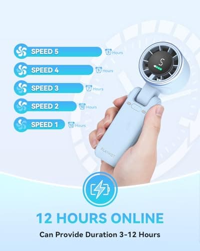 PlayHot Portable Handheld Turbo Fan, 5-Speed Personal Fan, USB-C Rechargeable Fan Up to 12 Hours, 3 IN 1 Hand Fan with Air Turbo Tech Cooling, Travel Fan for Cruise, Beach, Gifts for Women (Blue) - Thumbnail 5