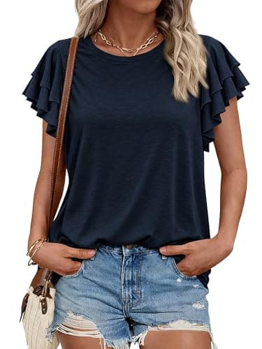 BTFBM Summer Tops for Women 2026 Crew Neck Ruffle Short Sleeve Shirts Loose Tunic Casual Spring Blouses(Navy Blue, XX-Large) - Image 1