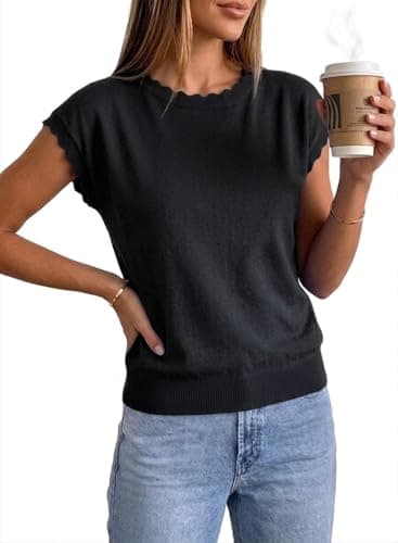Jenisso Women Summer Sweater Cap Sleeve Lightweight Pullover Soft Knit Top with Scallop Wavy(Black,XL) - Thumbnail 3