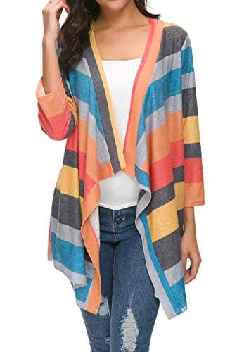 DEARCASE 3/4 Sleeve Open Front Draped Kimono Cardigan Sweaters for Women Striped Printed Orange X-Large Lightweight Flowy Ladies Cover Up Shrug Thin Duster Summer Fall Shawl Cardigans Jackets - Image 1