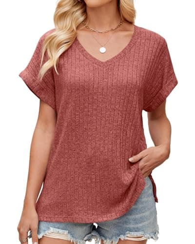 JUSTFASHIONNOW V Neck T Shirts for Women Cute Summer Dolman Sleeve Tops Dressy Casual Side Split Tops 2026 Fashion Loose Fit Clothes Wine Red M - Image 1