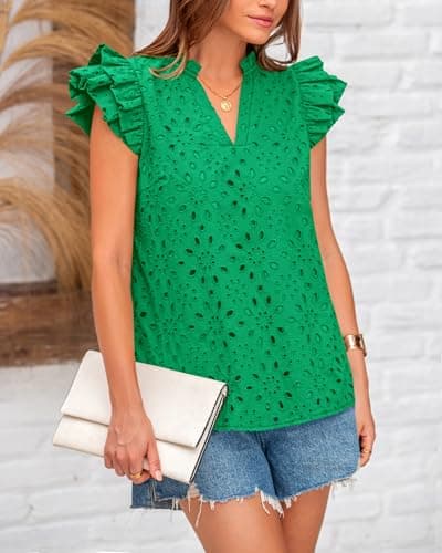 BTFBM Spring Summer Tops for Women 2026 Dressy Casual V Neck Ruffle Cap Sleeve Embroidered Eyelet Blouses Resort Wear(Green, XX-Large) - Thumbnail 4