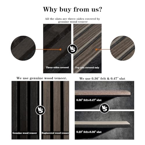 ARMURO Wood Panels for Wall, Wood Slat Wall Panel - 2 Pack, Black Wood Slats for Wall, Natural Smoked Wood Veneer Accent Wall Panels, Acoustic Slat Wood Wall Panels - 12.6" W x 94.5" L - Thumbnail 4