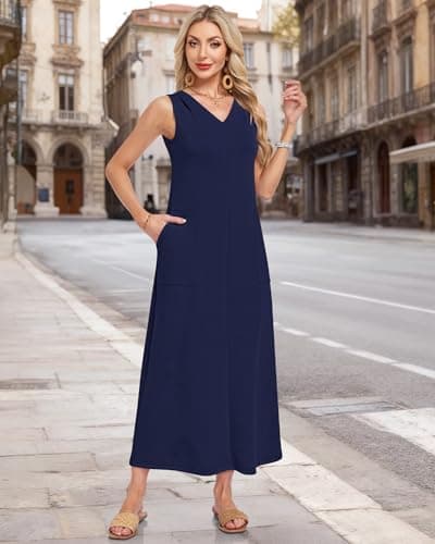 MISFAY Sleeveless Maxi Dress V-Neck Wrinkle-Free Sundress Navy Blue - Thumbnail 3