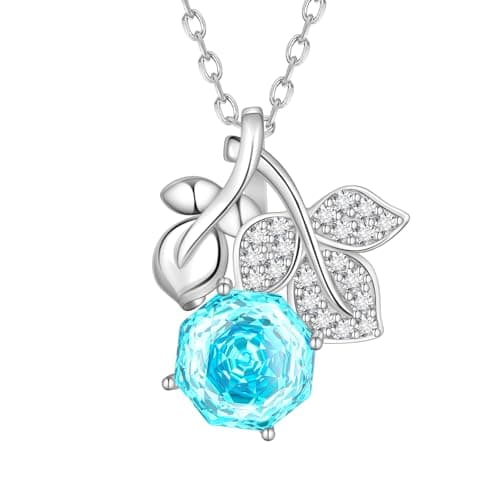 Aurora Tears Birthstone Rose Pendant Necklace - 925 Sterling Silver Rose Cut March Aquamarine Cubic Zirconia Flower Leaf Necklace Anniversary Birthday Jewelry Gift for Women Wife Mom Daughter DP0389M - Image 1