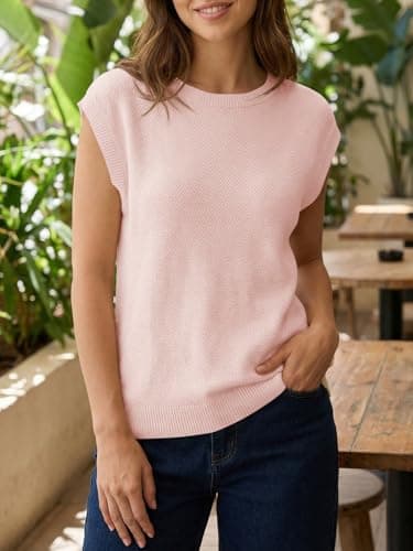 Saodimallsu Womens Short Sleeve Sweater Tops Summer Crewneck Lightweight Knit Casual Loose Sleeveless Sweater Vest Pink - Thumbnail 2