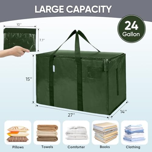 TICONN 6 Pack Extra Large Moving Bags Heavy Duty with Zippers & Carrying Handles, Durable Storage Bags Moving Boxes for Closet Organizers and Storage (6 Pack, Olive) - Thumbnail 5