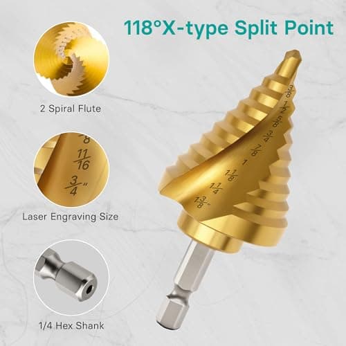 OSTTE 5PCS Step Drill Bit Set with Two Spiral Grooves, 50 Sizes (3/16" to 1-3/8") HSS Titanium Coated Step Bits for Metal, Aluminum, Wood & Plastic - with Aluminum Case for Electricians & DIY - Thumbnail 4