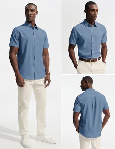PJ PAUL JONES Mens Dress Shirts Short Sleeve Button Up Shirt Wrinkle Free Business Casual Shirts for Men Summer Work Office Wedding Denim Blue - Thumbnail 2