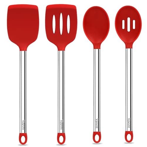 Vayvnt 4 PCS Silicone Kitchen Utensils, Large Cooking Utensils Set for Nonstick Cookware, Silicone Spatula Set Includes Spoons and Turners, Kitchen Essentials for Cooking, Dishwasher Safe, Red - Image 1