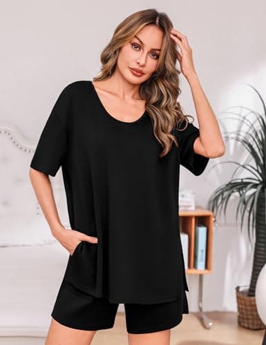 Totatuit 2 Piece Outfits for Women Short Set Summer Casual Loose Fit Loungewear Sets Soft Pajamas for Airport Travel Black Large - Thumbnail 4