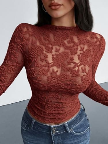 BTFBM Mesh Long Sleeve Tops for Women Lace Sexy Sheer Tight See Through Crew Neck Spring Fall 2026 Party Club Outfits(Red Brown, X-Large) - Thumbnail 4
