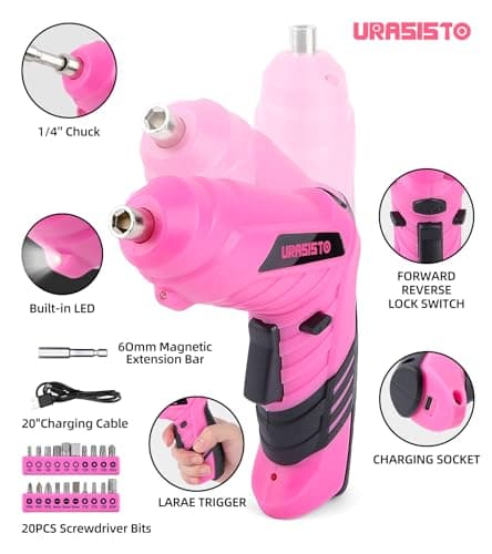 URASISTO Pink Household Tool Set with 3.6V USB Electric Screwdriver, 136 PCS Home Tool Kit with Cordless Lithium-ion Drill Driver, Hand Tool Kits for Women - Thumbnail 3