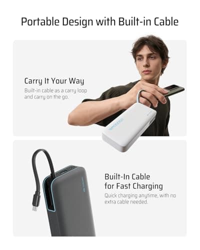 CUKTECH 45W Power Bank 20000mAh, Portable Travel Charger Built-in USB C Cable, Fast Charging Battery Pack for iPhone 16/15/14/13, iPad, Samsung Galaxy, Google Pixel, Android and More (White) - Thumbnail 5