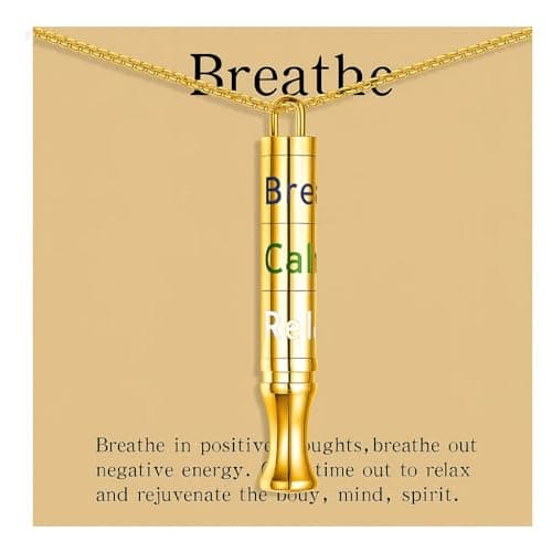 Fidget Necklace with Spinning Calm, Breathe, Relax Charms - Sensory Anxiety Relief & Deep Breathing Aid Stainless Steel Necklaces for Women Men (Gold)