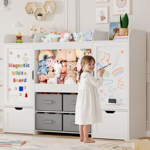 VortinT 61"W Toy Storage Organizer, Kids Bookshelf with 122L Stuffed Animal Storage, 2 Magnetic Drawing Boards, 2 Movable Toy Boxes and 4 Fabric Bins, Wooden Shelf for Kids Room/Playroom/Living Room - Image 1