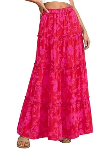 BTFBM Floral Maxi Skirts for Women Summer Spring 2026 Elastic Waist Tiered Flowy Beach Vacation Outfits Boho Long Skirt(Floral Red Pink, Large) - Image 1