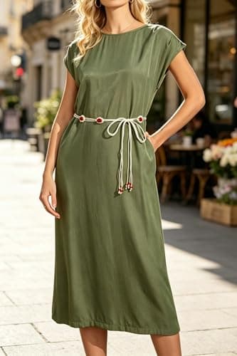 Women Army Green Cap Sleeve Split Shift Office Decorative Waist Chain Dress - Thumbnail 2