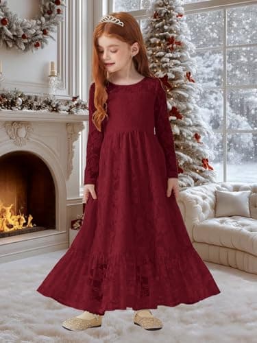 ALLOVIN Toddler & Girls Long Sleeve Lace Flower Girl Dress Maxi Boho A-Line Dress for Wedding Baptism 1st Communion | Burgundy | 6-7Y - Thumbnail 2