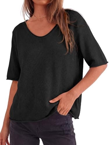 BTFBM Sweaters for Women 2026 Summer Oversized Half Short Sleeve Knitted Pullover V Neck‌ Casual Loose Fit Spring Tops(Black, X-Large) - Thumbnail 6