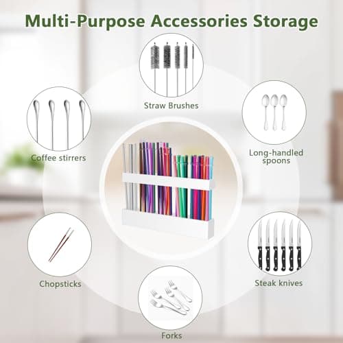 Malldii 9.5" Large Acrylic Straw Holder for Cabinet Door - Reusable Tumbler Straw Organizer Storage, Small Kitchen Accessories Container, Ultra Sticky Cupboard Door Mounted (White) - Thumbnail 6
