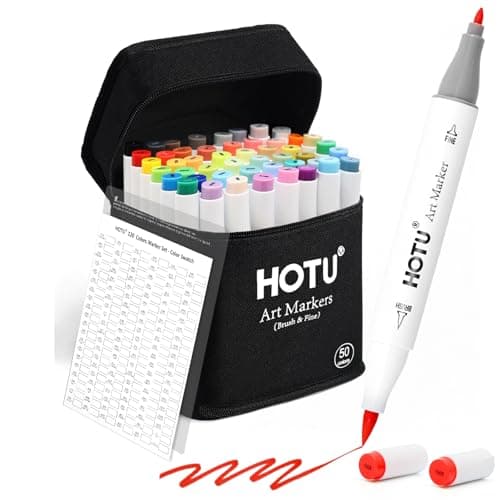 HOTU 50 Colors Alcohol Markers, Brush & Fine Dual Tip Art Markers for Adult Coloring Books, Refillable Alcohol Based Marker Set with Anti-Bleeding Pad, Case & Swatch for Artists, Beginners & Kids - Image 1
